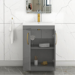 Royal Bathrooms Turin Indigo Grey Gloss 600mm Floor Standing Vanity Unit 2 Door With Mid-Edge Basin Sink & Brushed Brass Handles - thumbnail 3