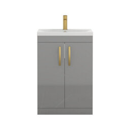 Royal Bathrooms Turin Indigo Grey Gloss 600mm Floor Standing Vanity Unit 2 Door With Mid-Edge Basin Sink & Brushed Brass Handles - thumbnail 6