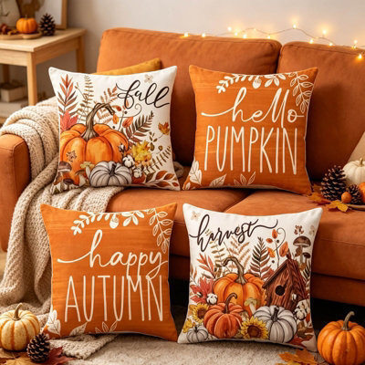 Amorly 4 Pack 45Cm Fall Throw Pillow Covers, Hello Pumpkin Happy Autumn Slogan Print, Cushion Cases, No Pillow Inserts, Home Decor - image 1