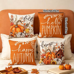 Amorly 4 Pack 45Cm Fall Throw Pillow Covers, Hello Pumpkin Happy Autumn Slogan Print, Cushion Cases, No Pillow Inserts, Home Decor - thumbnail 3