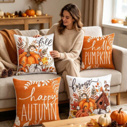 Amorly 4 Pack 45Cm Fall Throw Pillow Covers, Hello Pumpkin Happy Autumn Slogan Print, Cushion Cases, No Pillow Inserts, Home Decor - thumbnail 6