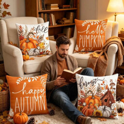 Amorly 4 Pack 45Cm Fall Throw Pillow Covers, Hello Pumpkin Happy Autumn Slogan Print, Cushion Cases, No Pillow Inserts, Home Decor - thumbnail 5