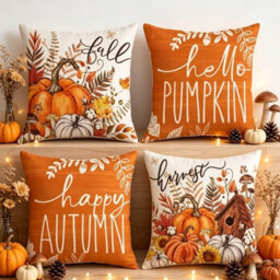 Amorly 4 Pack 45Cm Fall Throw Pillow Covers, Hello Pumpkin Happy Autumn Slogan Print, Cushion Cases, No Pillow Inserts, Home Decor - thumbnail 4