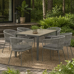 Wyld Haus Riluvi Grey 7-Piece Outdoor Dining Set - 6 Cushioned Chairs And Rectangular Acacia Wood-Top Table - thumbnail 1