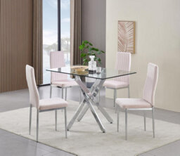 Furnizone UK Rexel 4-Seater 120Cm Rectangular Clear Glass Dining Table And 4 Monza Pink Velvet Chairs