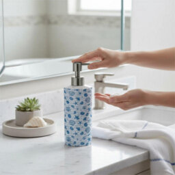 Purely Home Striped Seashells Stainless Steel Soap Dispenser - Light Blue Pump Action Refillable Bathroom & Kitchen Décor - thumbnail 2