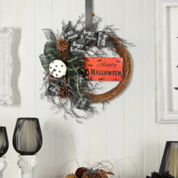 Living And Home Brown Round Simulated Halloween Wreath Wall Hanging Decoration With Bows Dia 40Cm - thumbnail 1