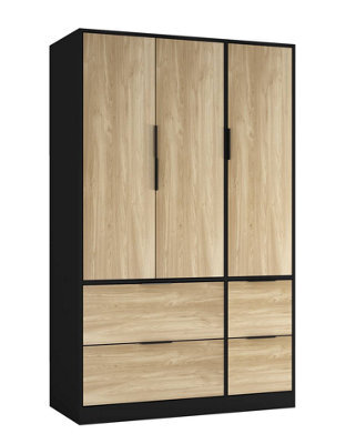 Urbn-Living Urbnliving 3 Door Wardrobe With 4 Drawers Wooden Bedroom Storage Cupboard With Hanging Rail For Clothes - Black Unit & Oak Doors - image 1
