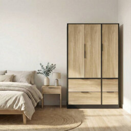 Urbn-Living Urbnliving 3 Door Wardrobe With 4 Drawers  Wooden Bedroom Storage Cupboard With Hanging Rail For Clothes - Black Unit & Oak Doors - thumbnail 4