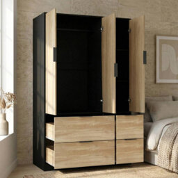 Urbn-Living Urbnliving 3 Door Wardrobe With 4 Drawers  Wooden Bedroom Storage Cupboard With Hanging Rail For Clothes - Black Unit & Oak Doors - thumbnail 5