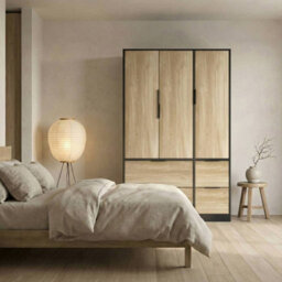 Urbn-Living Urbnliving 3 Door Wardrobe With 4 Drawers  Wooden Bedroom Storage Cupboard With Hanging Rail For Clothes - Black Unit & Oak Doors - thumbnail 6