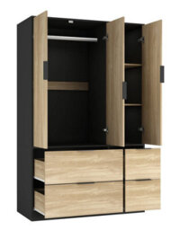 Urbn-Living Urbnliving 3 Door Wardrobe With 4 Drawers  Wooden Bedroom Storage Cupboard With Hanging Rail For Clothes - Black Unit & Oak Doors - thumbnail 7