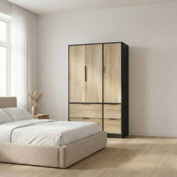 Urbn-Living Urbnliving 3 Door Wardrobe With 4 Drawers  Wooden Bedroom Storage Cupboard With Hanging Rail For Clothes - Black Unit & Oak Doors - thumbnail 2