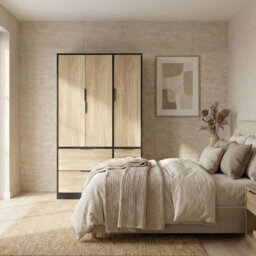 Urbn-Living Urbnliving 3 Door Wardrobe With 4 Drawers  Wooden Bedroom Storage Cupboard With Hanging Rail For Clothes - Black Unit & Oak Doors - thumbnail 3
