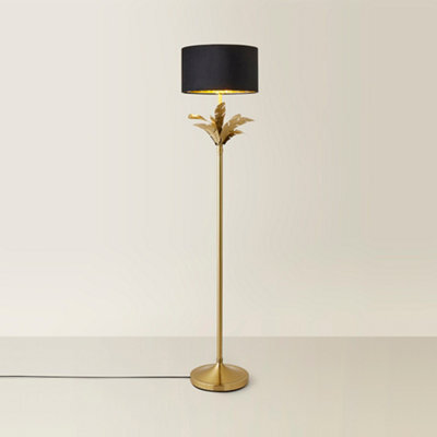Valuelights Christina Black Velvet With Gold Inner Drum Shade Gold Palm Leaf Floor Lamp - image 1