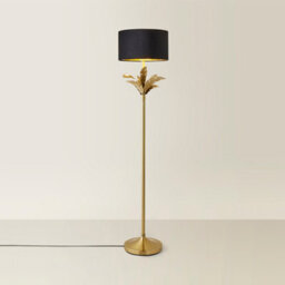 Valuelights Christina Black Velvet With Gold Inner Drum Shade Gold Palm Leaf Floor Lamp