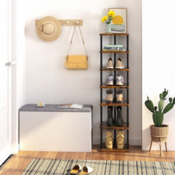 Huhote Stylish 7 Tier Shoe Rack Narrow Metal Organizer For Small Spaces Wood Color Shoe Stand Shoe Shelf Entryway Front Door - thumbnail 1