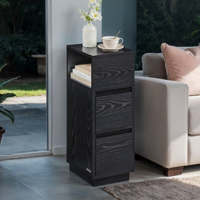 LEDREM Narrow Side Table, Slim End Table With 2 Drawers, 1 Open Compartment, For Living Room, Bedroom, Black - image 1