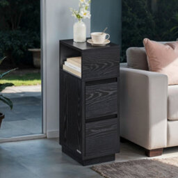 LEDREM Narrow Side Table, Slim End Table With 2 Drawers, 1 Open Compartment, For Living Room, Bedroom, Black - thumbnail 1