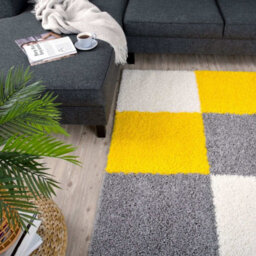 The Rugs Yellow Grey And Ivory Soft Checkerboard Design Fluffy Shaggy Rugs And Runners High Pile Living Room Kitchen Hallway 381 - thumbnail 8