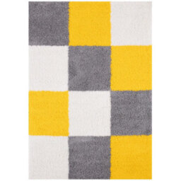 The Rugs Yellow Grey And Ivory Soft Checkerboard Design Fluffy Shaggy Rugs And Runners High Pile Living Room Kitchen Hallway 381 - thumbnail 1