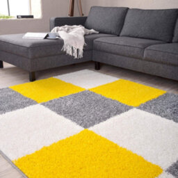 The Rugs Yellow Grey And Ivory Soft Checkerboard Design Fluffy Shaggy Rugs And Runners High Pile Living Room Kitchen Hallway 381 - thumbnail 5