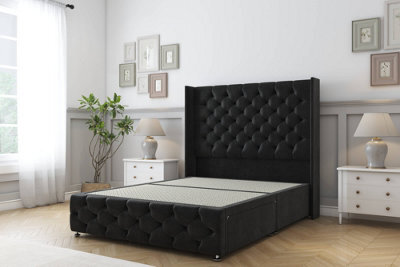"Sloomy Luthor Black Plush Divan Bed Base 2 Drawers Foot-End-54"" Wingback Headboard & 12"" Footboard 5' King" - image 1