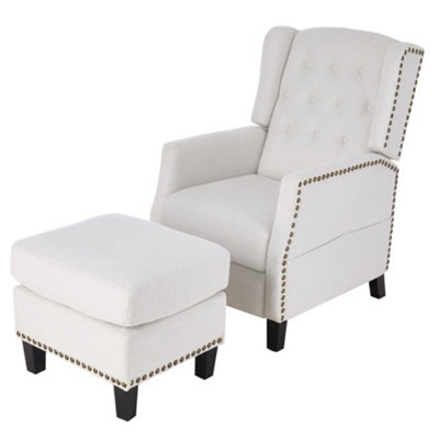 Living And Home White Fabric Upholstered Sofa Pushback Reclining Chair Armchair With Footstool - image 1