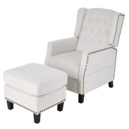 Living And Home White Fabric Upholstered Sofa Pushback Reclining Chair Armchair With Footstool