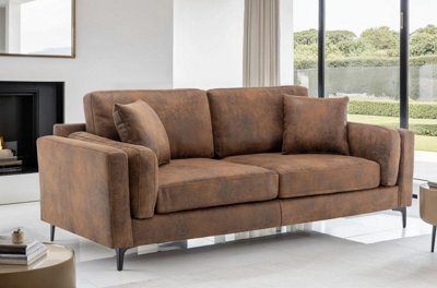Faux Leather Suede Brown 3 Seater Sofa - image 1
