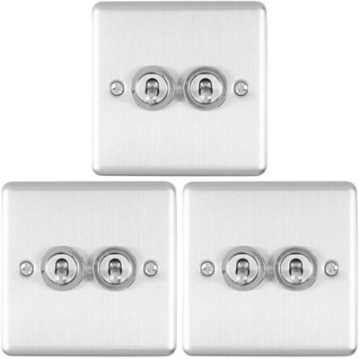 Loops 3 Pack 2 Gang Double Retro Toggle Light Switch Satin Steel 10A 2 Way Wall Plate - image 1