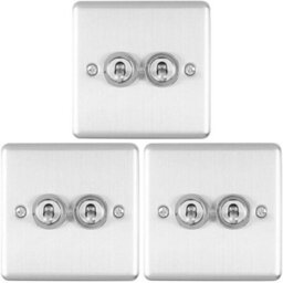 Loops 3 Pack 2 Gang Double Retro Toggle Light Switch Satin Steel 10A 2 Way Wall Plate - thumbnail 1