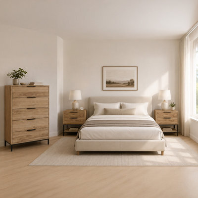 Decortie Mars 3 Piece Bedroom Furniture Set Whiskey Oak, Chest Of 5 Drawers And 2 Bedside Tables Industrial - image 1