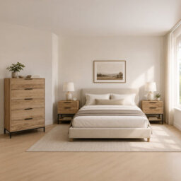 Decortie Mars 3 Piece Bedroom Furniture Set Whiskey Oak, Chest Of 5 Drawers And 2 Bedside Tables Industrial