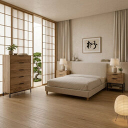 Decortie Mars 3 Piece Bedroom Furniture Set Whiskey Oak, Chest Of 5 Drawers And 2 Bedside Tables Industrial - thumbnail 4