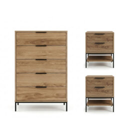 Decortie Mars 3 Piece Bedroom Furniture Set Whiskey Oak, Chest Of 5 Drawers And 2 Bedside Tables Industrial - thumbnail 2