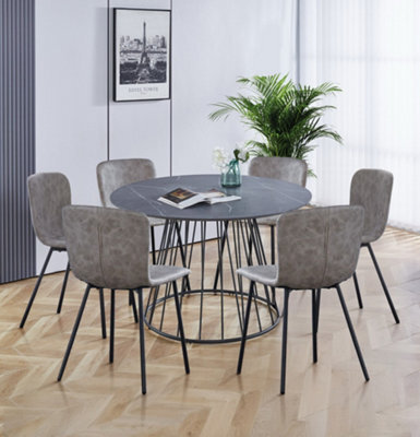 Hallowood Furniture Cullompton Large 120Cm Round Table With 6 Taupe Leather Effect Chairs - image 1
