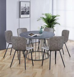 Hallowood Furniture Cullompton Large 120Cm Round Table With 6 Taupe Leather Effect Chairs - thumbnail 1