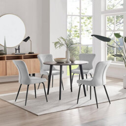 Furniturebox Uk Koko Walnut Effect Round Dining Table & 4 Light Grey Nora Black Leg Chairs
