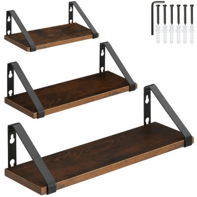 Tectake Wall Shelves - Set Of 3, Decorative Metal Brackets, High Load-Capacity, 3 Widths Included  - Industrial Wood Dark, Rustic - image 1