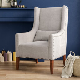 Living And Home Grey Nailhead Wide Linen Wing Back Chair Armchair With Cushion