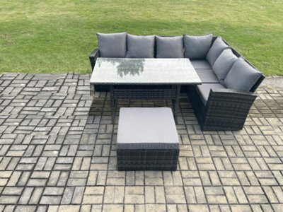 Fimous 7 Seater Garden Rattan Furniture Corner Sofa Dining Table Set With Big Footstool Indoor Outdoor Lounge Sofa Set - image 1