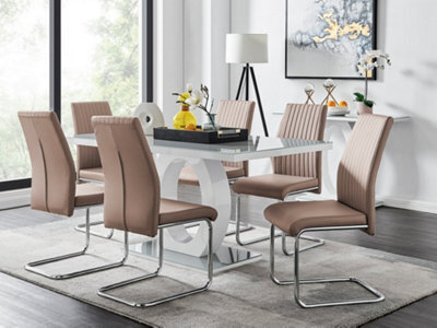 Furniturebox Giovani Rectangular 6 Seat White High Gloss Unique Halo Base Dining Table Grey Glass Top 6 Beige Faux Leather Lorenzo Chairs - image 1
