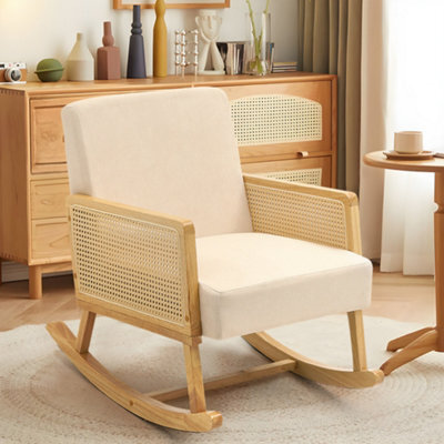 Thehotsale Beige Linen Wooden Rocking Chair With Wood Frame Upholstered Recliner Armchair Rocker Lounge Chair - image 1