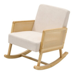 Thehotsale Beige Linen Wooden Rocking Chair With Wood Frame Upholstered Recliner Armchair Rocker Lounge Chair - thumbnail 4