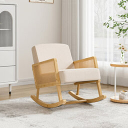 Thehotsale Beige Linen Wooden Rocking Chair With Wood Frame Upholstered Recliner Armchair Rocker Lounge Chair - thumbnail 2