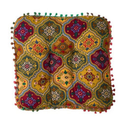 Thehotsale Yellow Romantic Turkish-Style Faux Linen Double-Sided Chair Cushion With Pom-Poms, 40Cm (W) X 40Cm (D) X 8Cm (H) - thumbnail 6