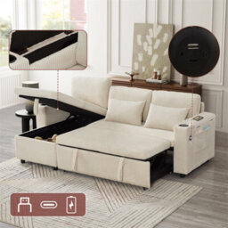 Abrihome 3 In 1 Convertible Corduroy Sofa Bed With Storage Chaise, L Shaped Sleeper Sofa Couches With Charging Station, Beige - thumbnail 3