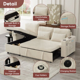 Abrihome 3 In 1 Convertible Corduroy Sofa Bed With Storage Chaise, L Shaped Sleeper Sofa Couches With Charging Station, Beige - thumbnail 6
