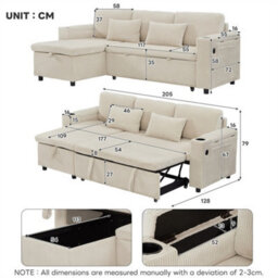 Abrihome 3 In 1 Convertible Corduroy Sofa Bed With Storage Chaise, L Shaped Sleeper Sofa Couches With Charging Station, Beige - thumbnail 7